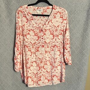 C.D. Daniels Coral Pattern Henley Tunic Top - Coral on Cream